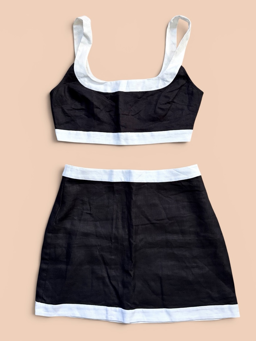 Reformation Robbie Linen Set Black White Crop Top Mini Skirt Sz 4 Coastal EUC